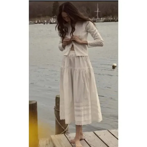 DOEN Sz M Medium Sebastiane Skirt Midi Scalloped Ivory Powder A-Line - Picture 10 of 16